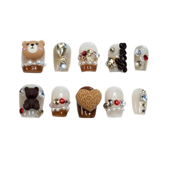 tipsy | Handmade Press-On Nails | Square Short | Beary Boujee | 3D Brown White - Picture 12 of 14